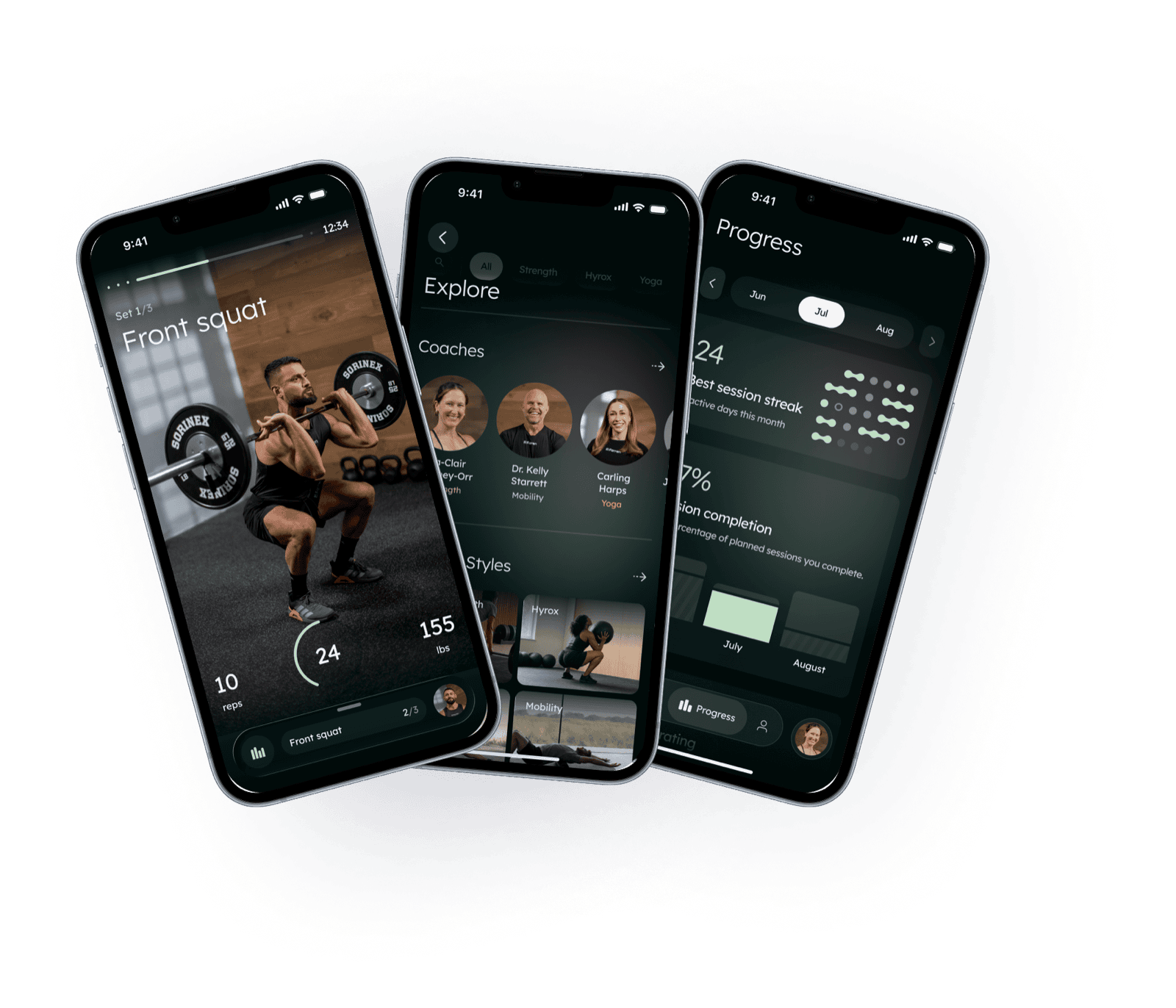 Three phones showing the Farren app: a guided front squat, the coach explorer, and a progress summary
