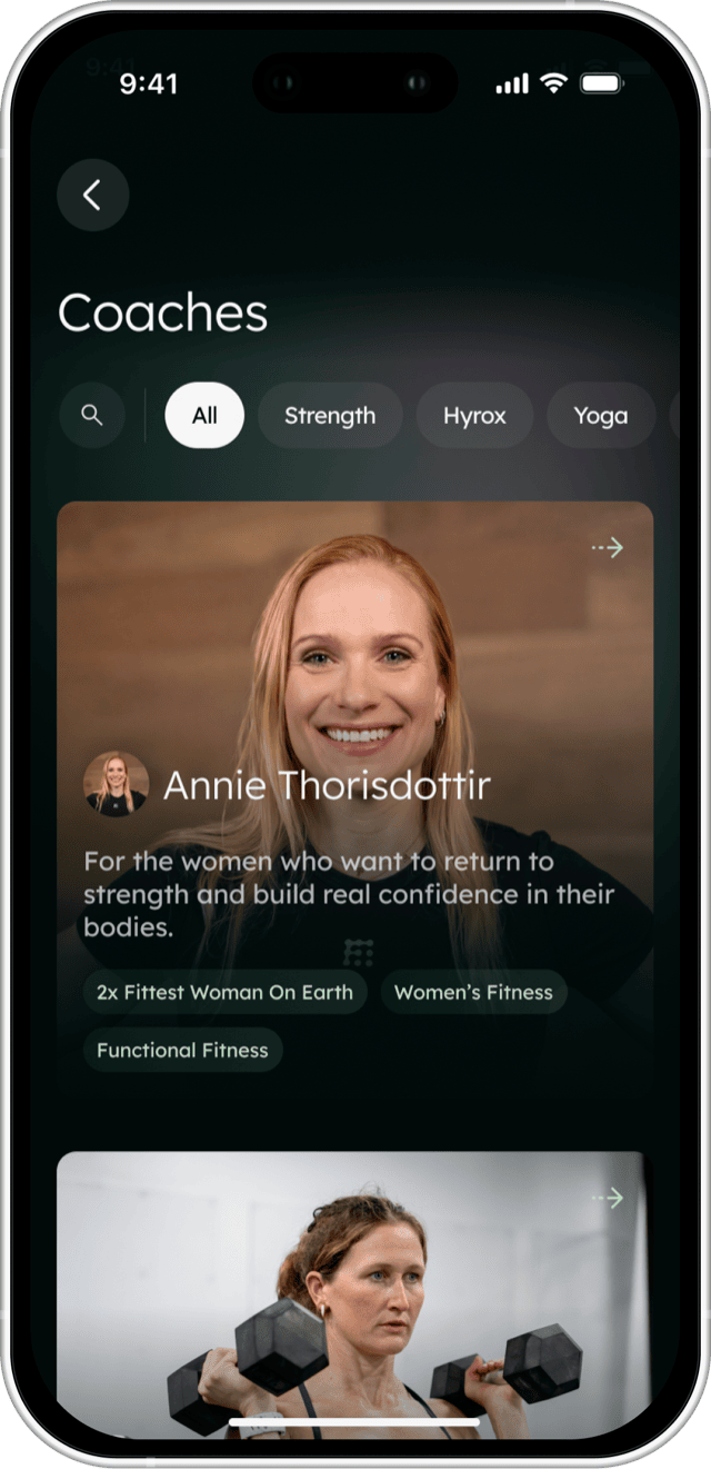 The Farren app's Coaches screen, filtered to All, showing Annie Thorisdottir's card with 2x Fittest Woman On Earth, Women's Fitness and Functional Fitness tags.