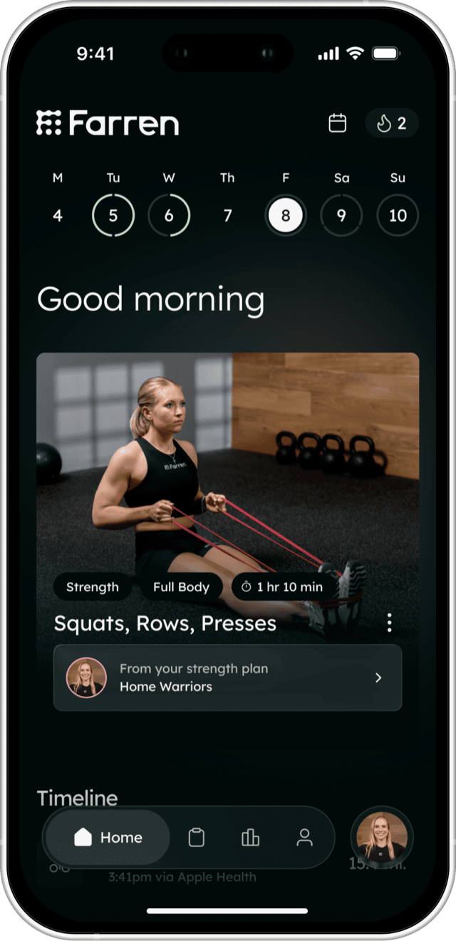 The Farren app home screen with a week of training, a greeting, and today's session from Annie Thorisdottir's plan.