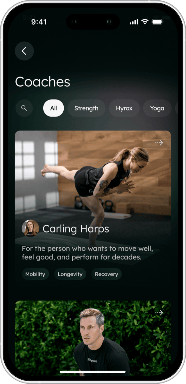 The Farren app's Coaches screen, filtered to All, showing Carling Harps's card with Mobility, Longevity and Recovery tags.