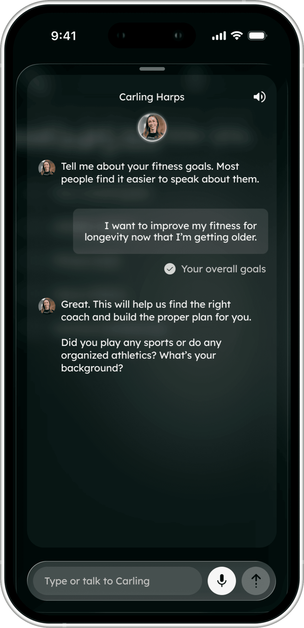 A chat with Carling Harps in the Farren app, asking about fitness goals and training background.