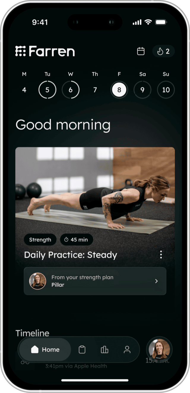 The Farren app home screen with a week of training, a greeting, and today's session from Carling Harps's plan.