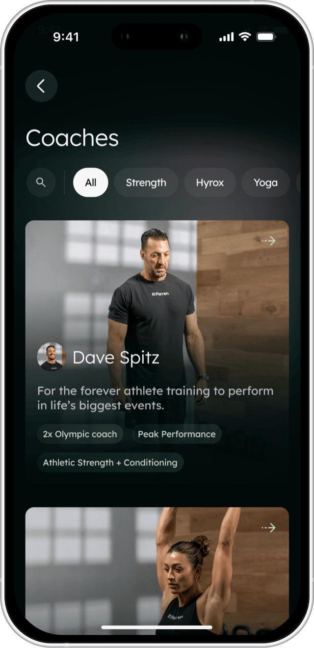 The Farren app's Coaches screen, filtered to All, showing Dave Spitz's card with 2x Olympic coach, Peak Performance and Athletic Strength + Conditioning tags.