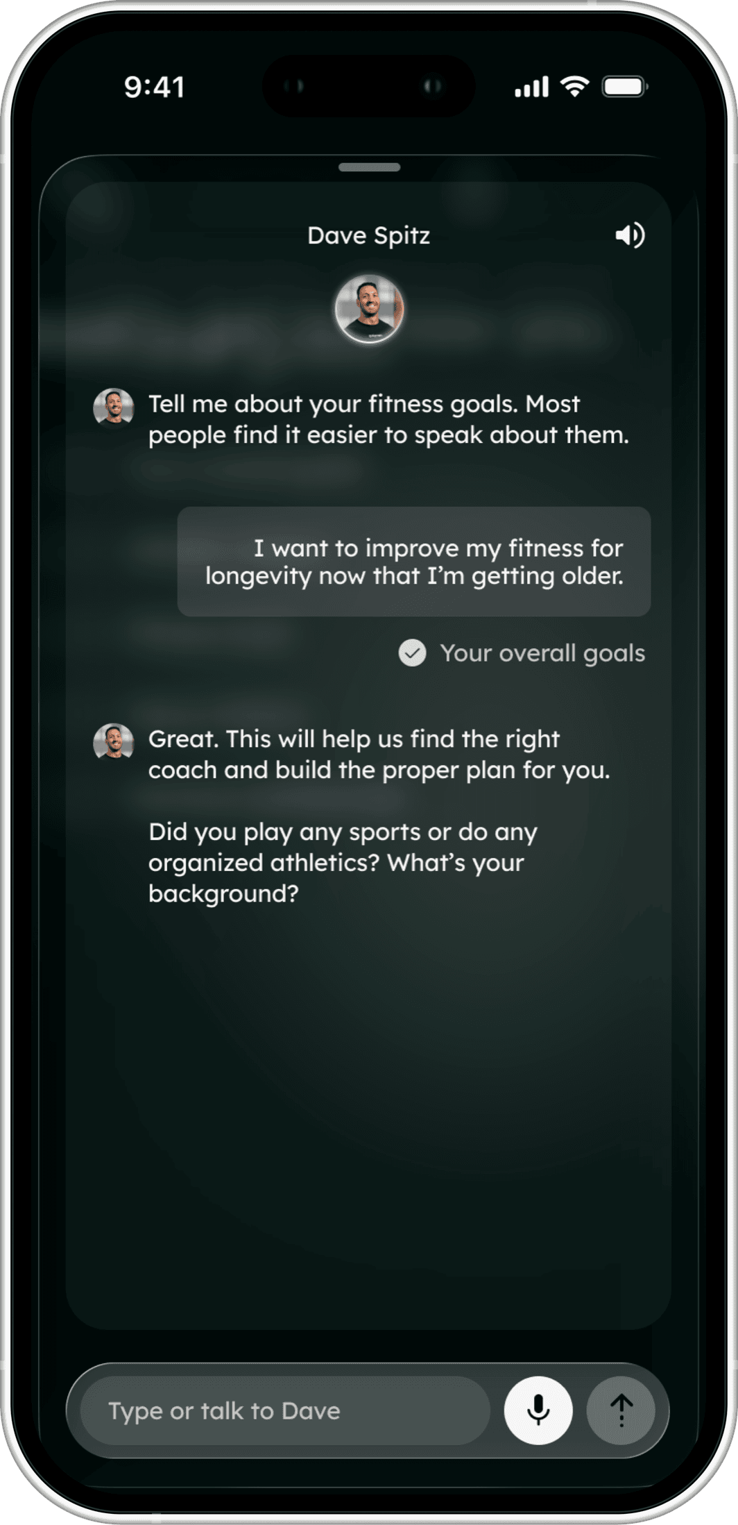 A chat with Dave Spitz in the Farren app, asking about fitness goals and training background.
