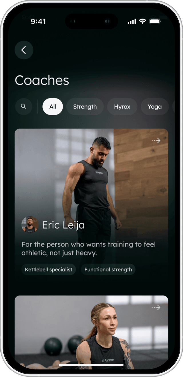 The Farren app's Coaches screen, filtered to All, showing Eric Leija's card with Kettlebell specialist and Functional strength tags.