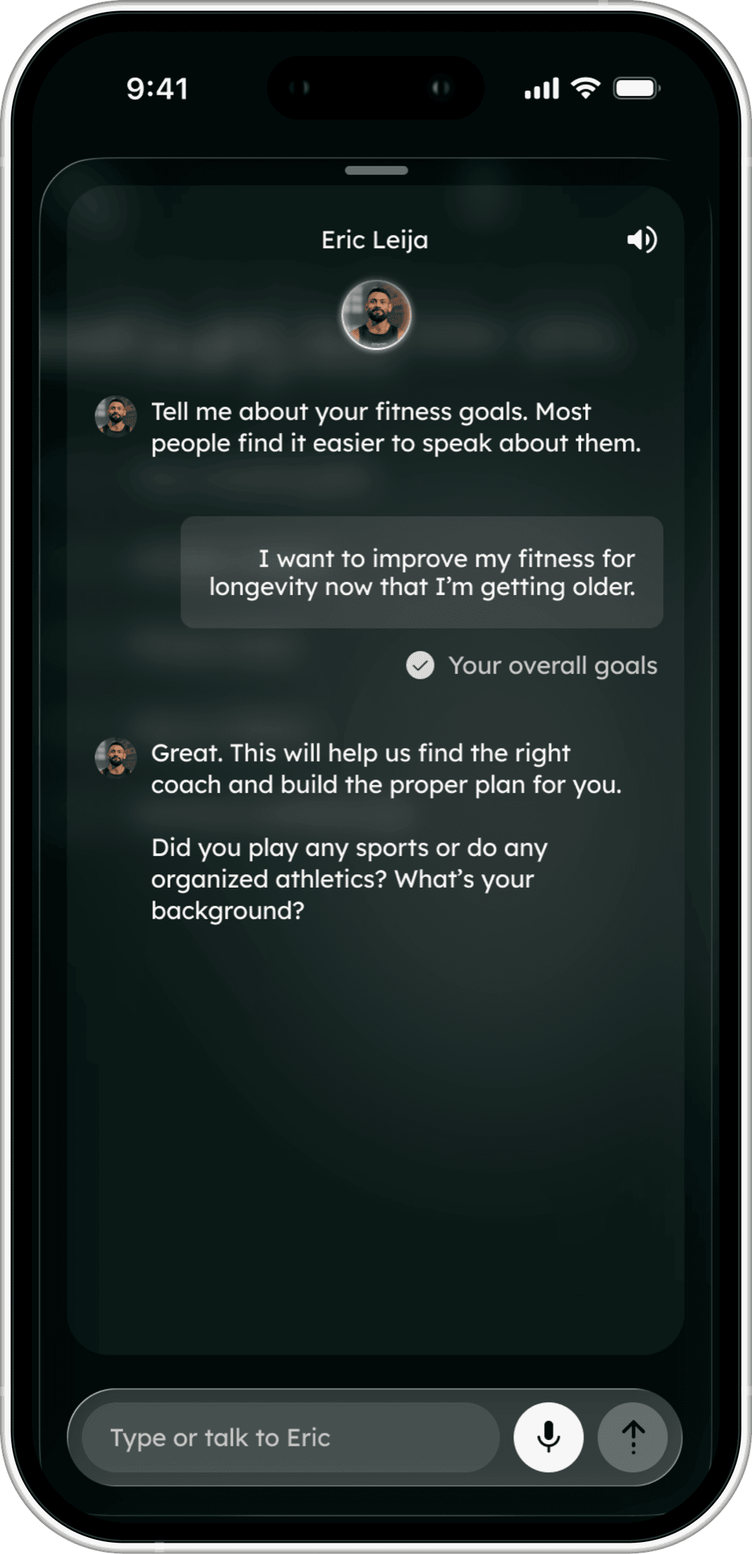 A chat with Eric Leija in the Farren app, asking about fitness goals and training background.