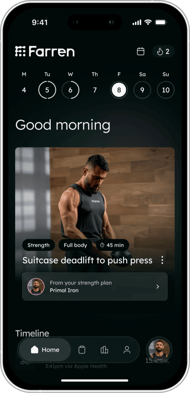 The Farren app home screen with a week of training, a greeting, and today's session from Eric Leija's plan.