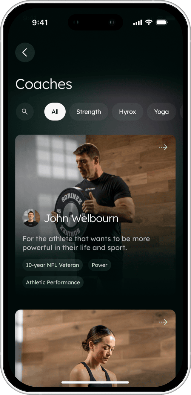 The Farren app's Coaches screen, filtered to All, showing John Welbourn's card with 10-year NFL Veteran, Power and Athletic Performance tags.
