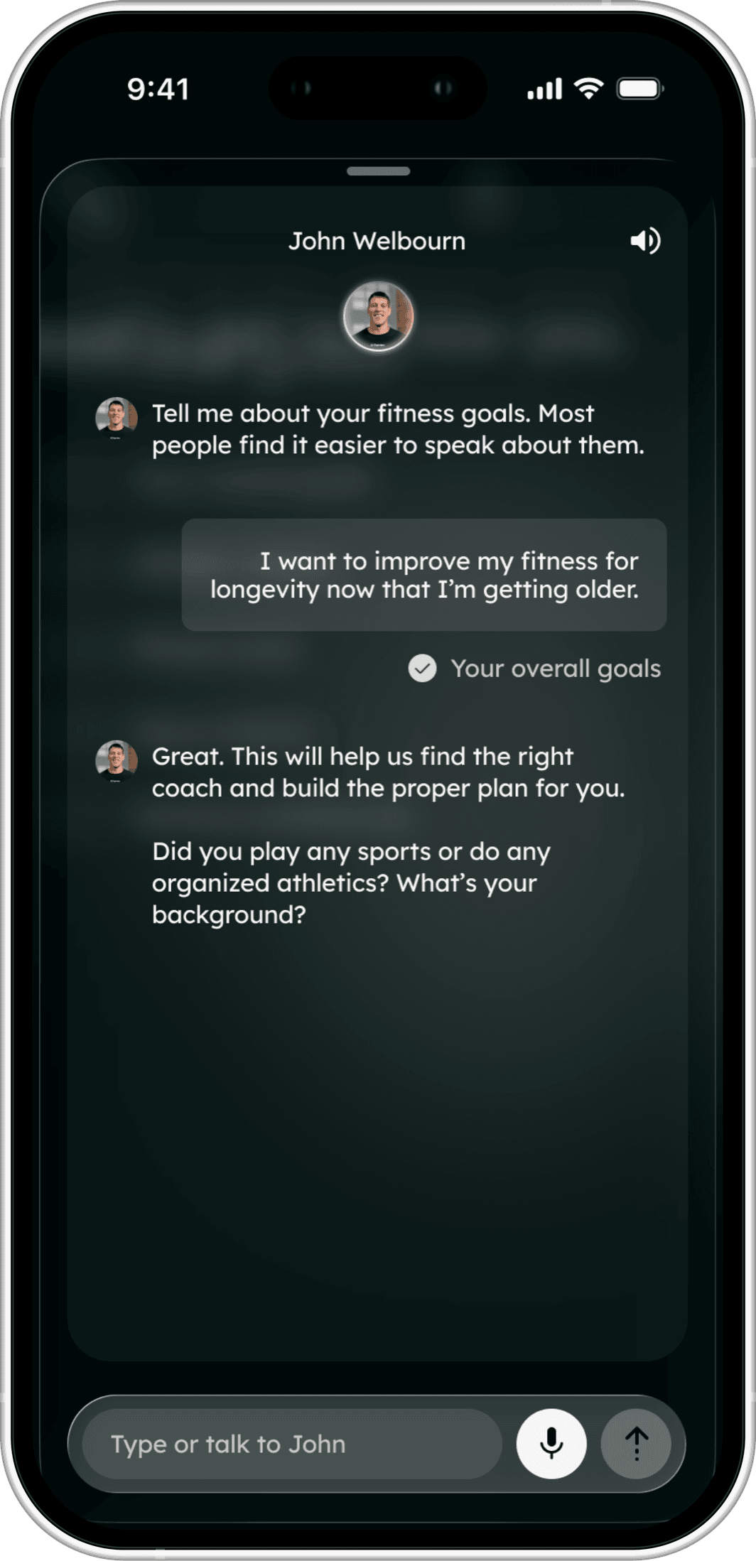 A chat with John Welbourn in the Farren app, asking about fitness goals and training background.