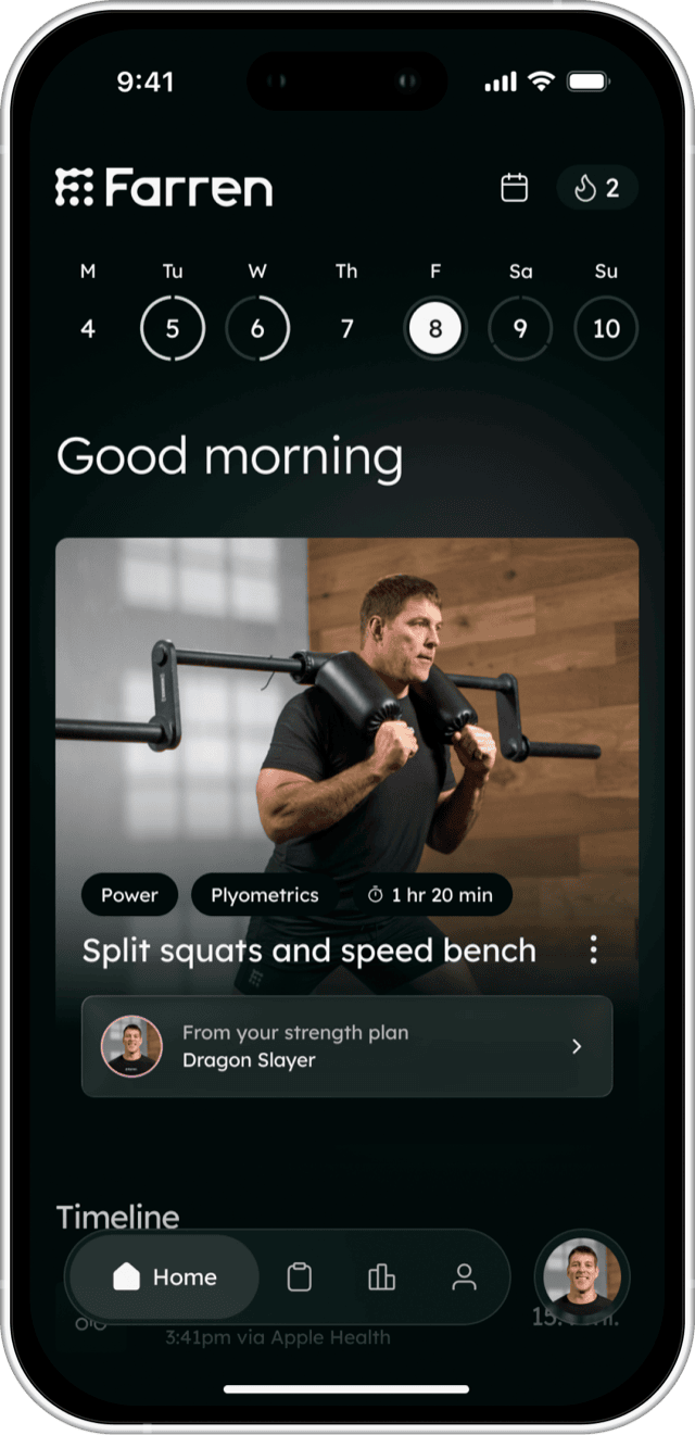 The Farren app home screen with a week of training, a greeting, and today's session from John Welbourn's plan.