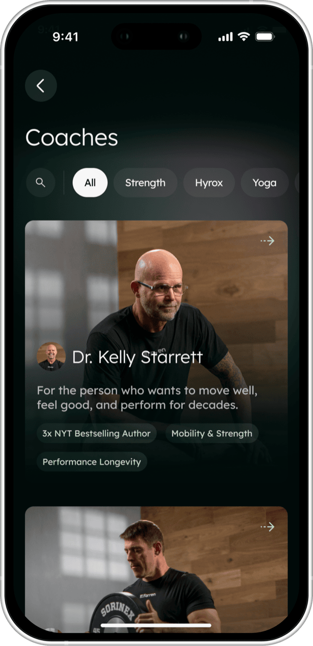 The Farren app's Coaches screen, filtered to All, showing Dr. Kelly Starrett's card with 3x NYT Bestselling Author, Mobility & Strength and Performance Longevity tags.