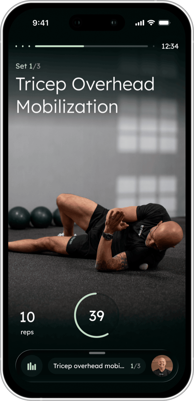 A live Farren session screen from Dr. Kelly Starrett's plan, showing the current exercise with reps, weight and a rest timer.