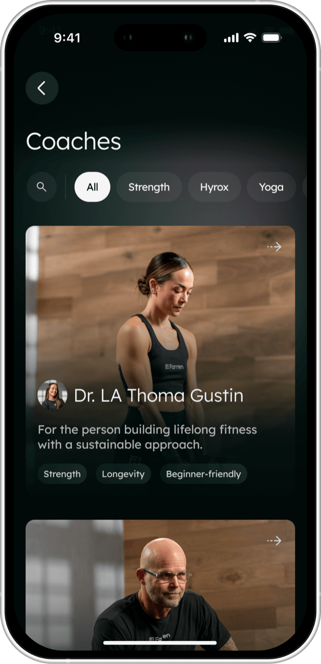 The Farren app's Coaches screen, filtered to All, showing Dr. LA Thoma Gustin's card with Strength, Longevity and Beginner-friendly tags.