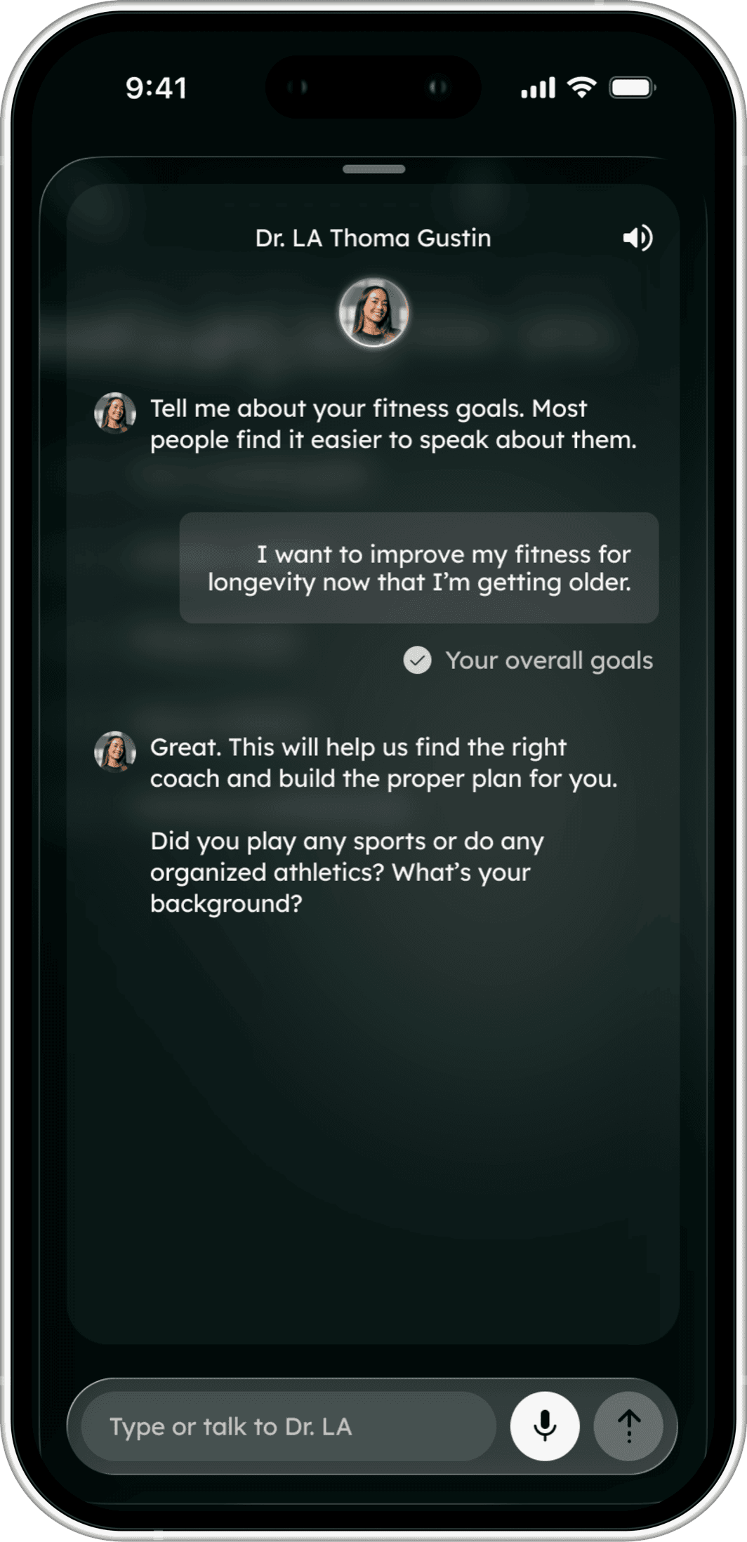 A chat with Dr. LA Thoma Gustin in the Farren app, asking about fitness goals and training background.