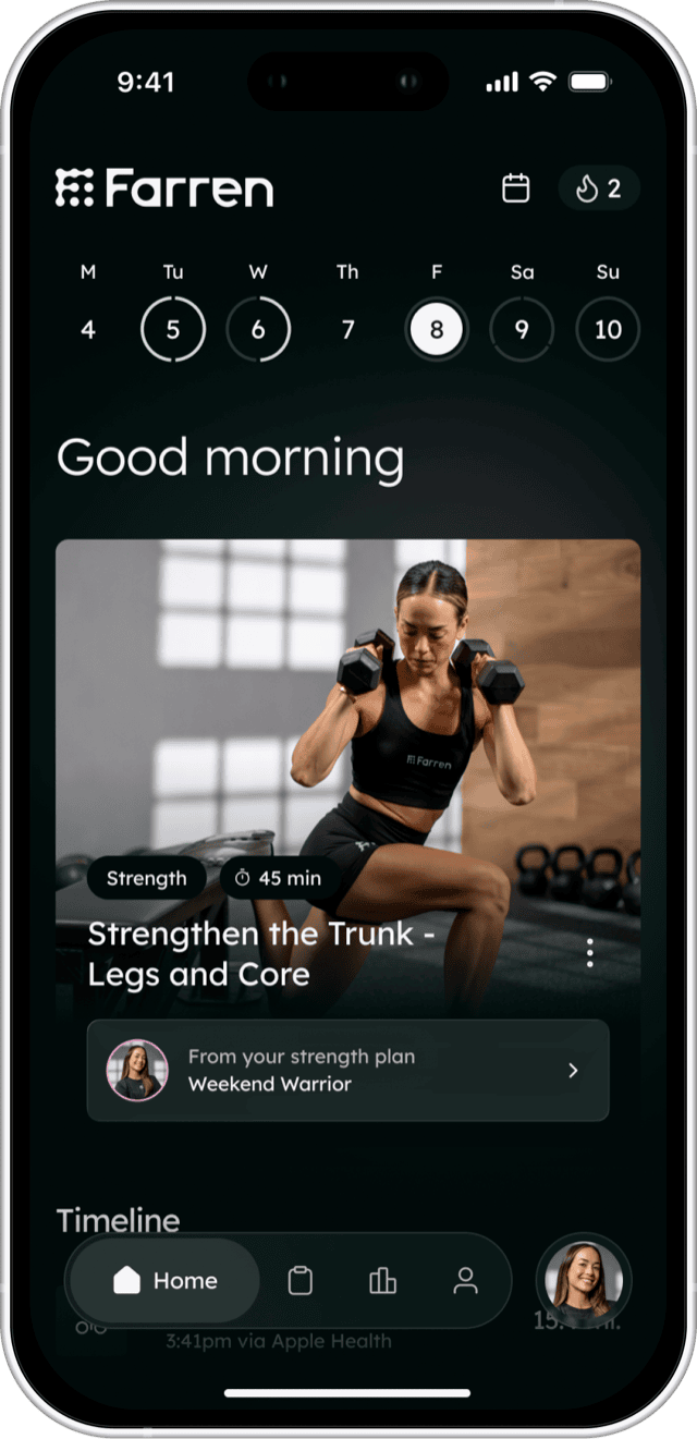 The Farren app home screen with a week of training, a readiness message, and today's 45-minute strength session.