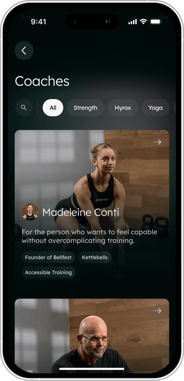 The Farren app's Coaches screen, filtered to All, showing Madeleine Conti's card with Founder of Bellfest, Kettlebells and Accessible Training tags.