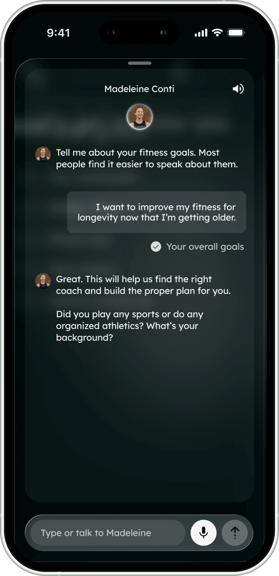 A chat with Madeleine Conti in the Farren app, asking about fitness goals and training background.