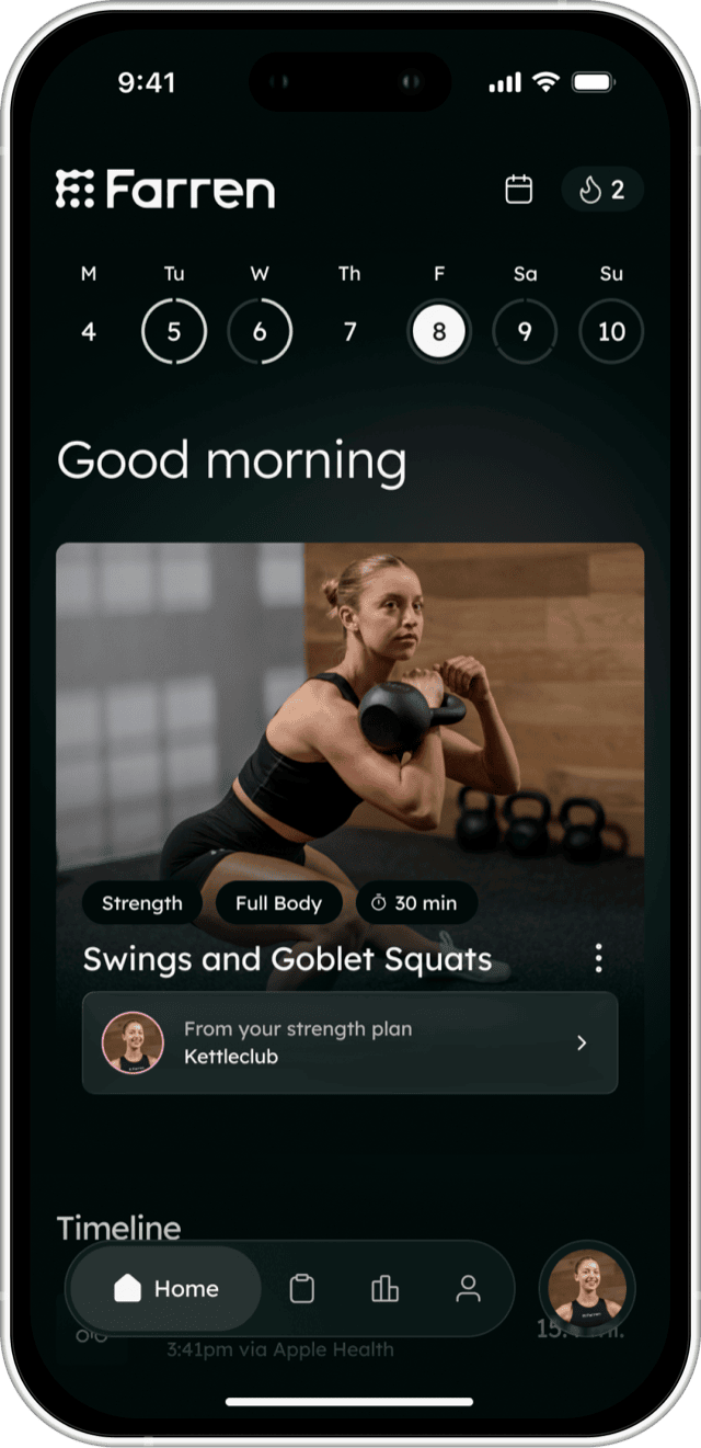 The Farren app home screen with a week of training, a greeting, and today's session from Madeleine Conti's plan.