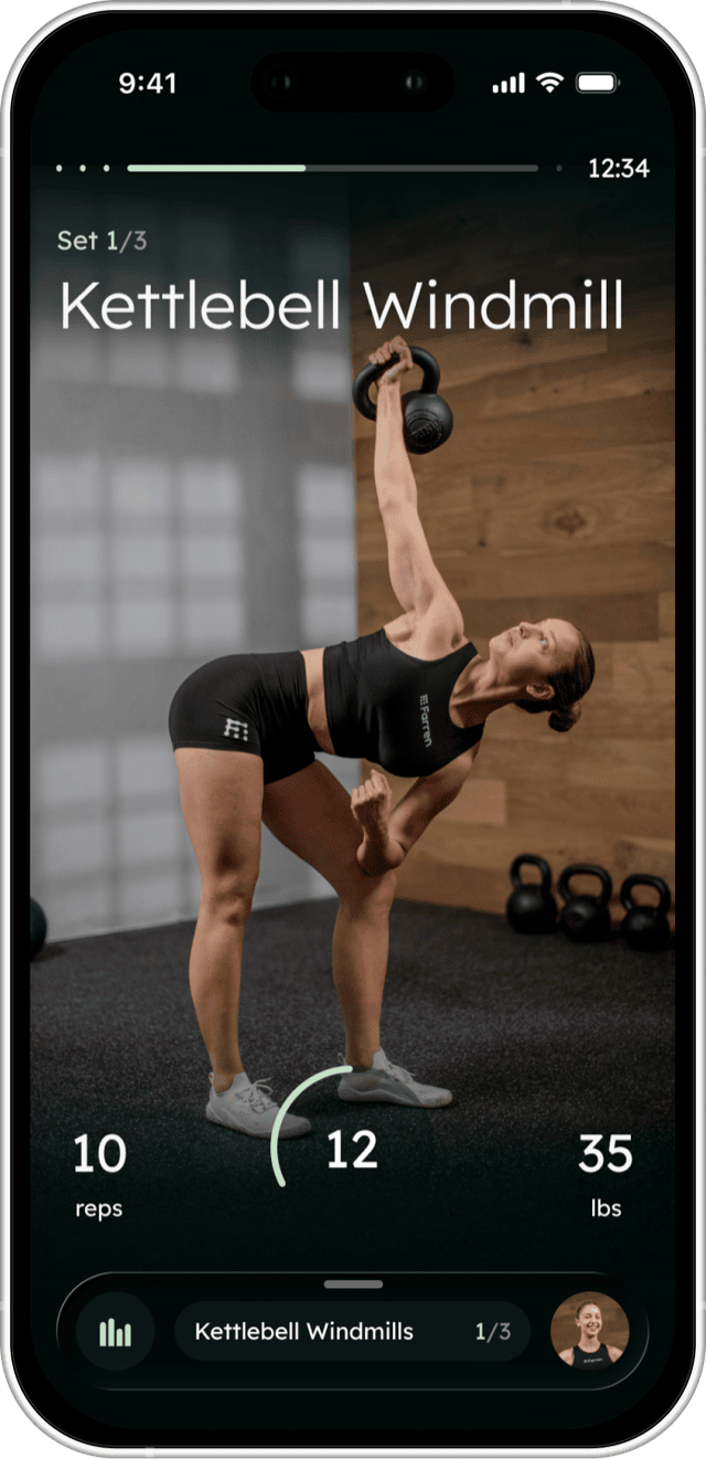 A live Farren session screen from Madeleine Conti's plan, showing the current exercise with reps, weight and a rest timer.