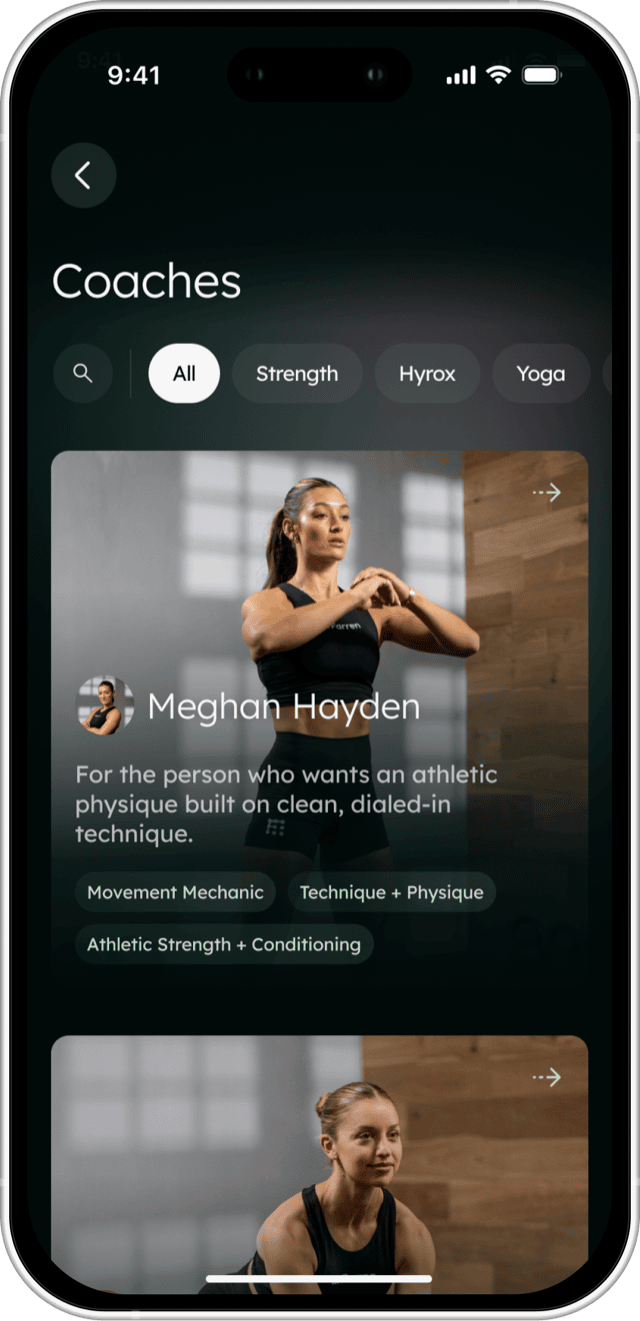The Farren app's Coaches screen, filtered to All, showing Meghan Hayden's card with Movement Mechanic, Technique + Physique and Athletic Strength + Conditioning tags.