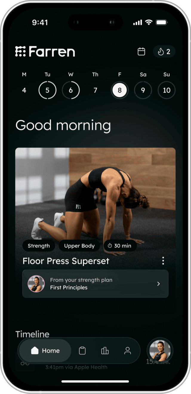 The Farren app home screen with a week of training, a greeting, and today's session from Meghan Hayden's plan.