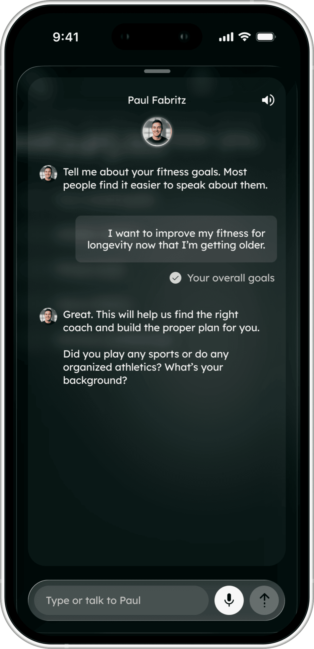 A chat with Paul Fabritz in the Farren app, asking about fitness goals and training background.