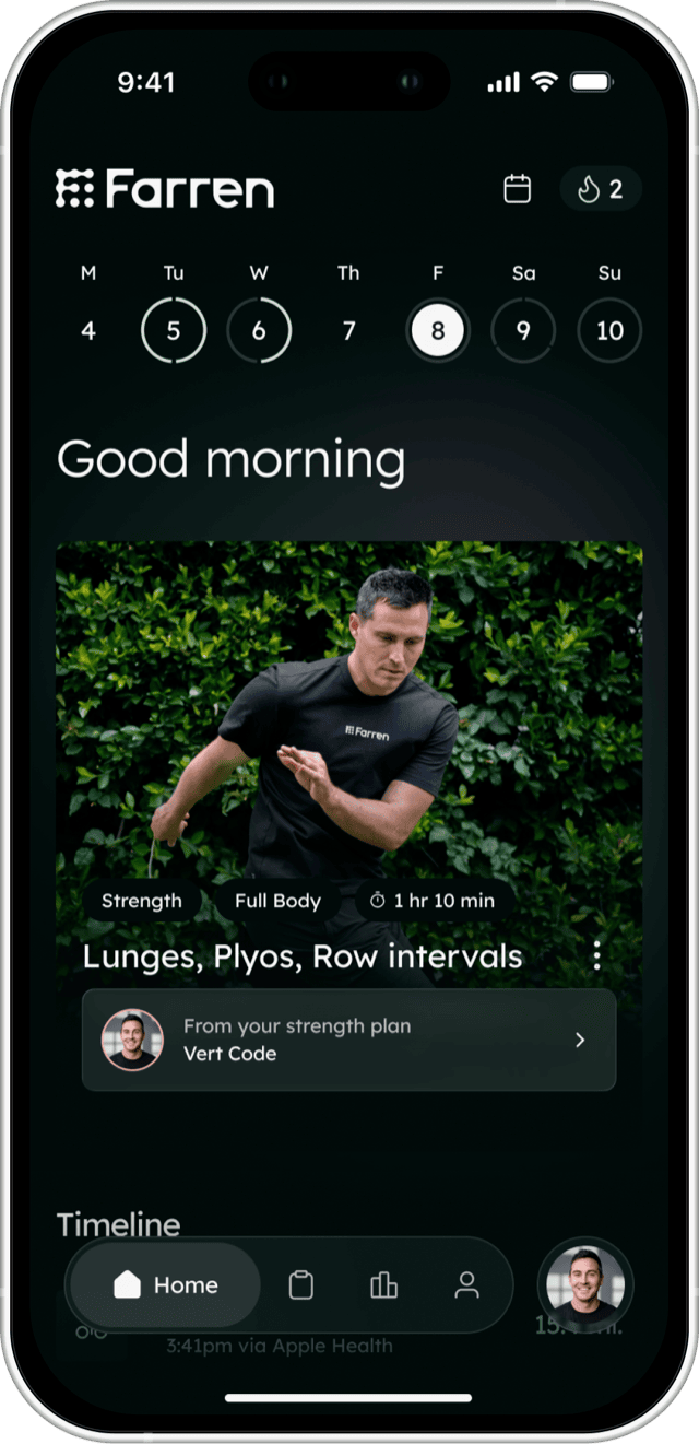 The Farren app home screen with a week of training, a greeting, and today's session from Paul Fabritz's plan.