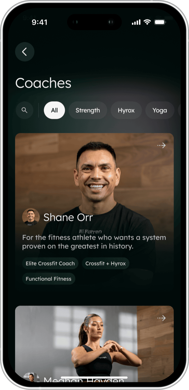 The Farren app's Coaches screen, filtered to All, showing Shane Orr's card with Elite Crossfit Coach, Crossfit + Hyrox and Functional Fitness tags.