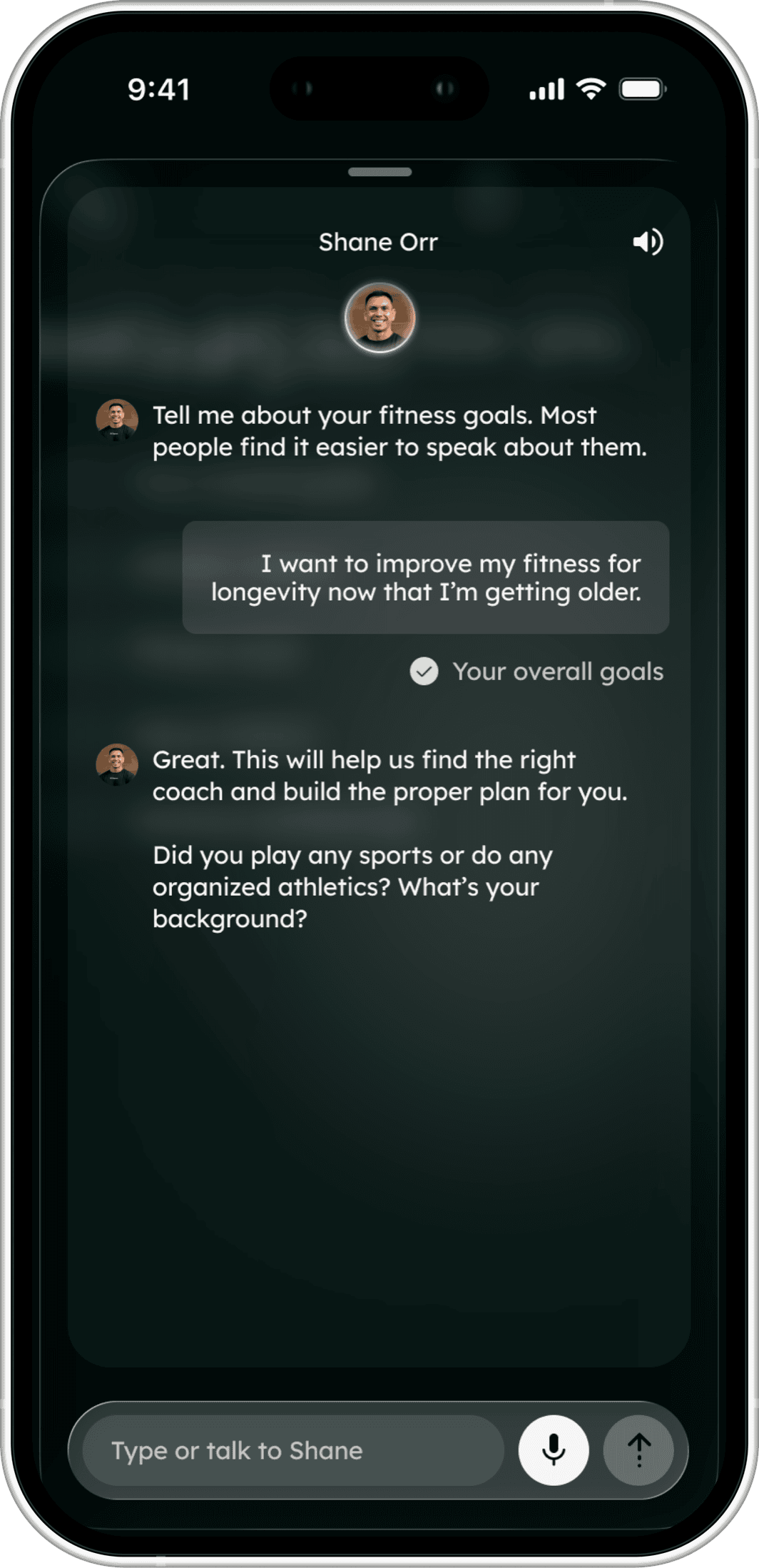 A chat with Shane Orr in the Farren app, asking about fitness goals and training background.