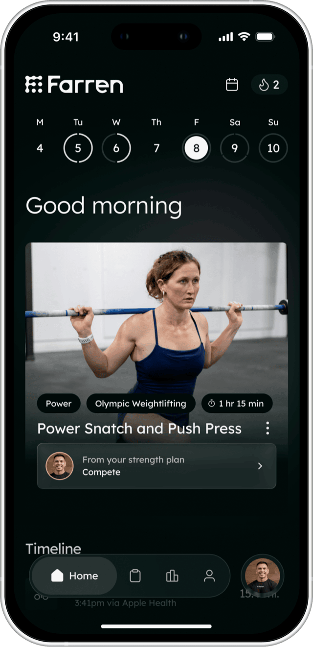 The Farren app home screen with a week of training, a greeting, and today's session from Shane Orr's plan.