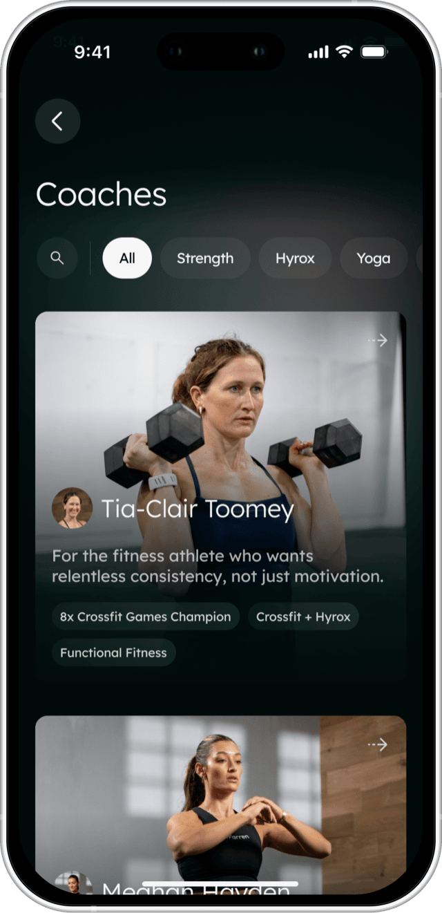 The Farren app's Coaches screen, filtered to All, showing Tia-Clair Toomey's card with 8x Crossfit Games Champion, Crossfit + Hyrox and Functional Fitness tags.