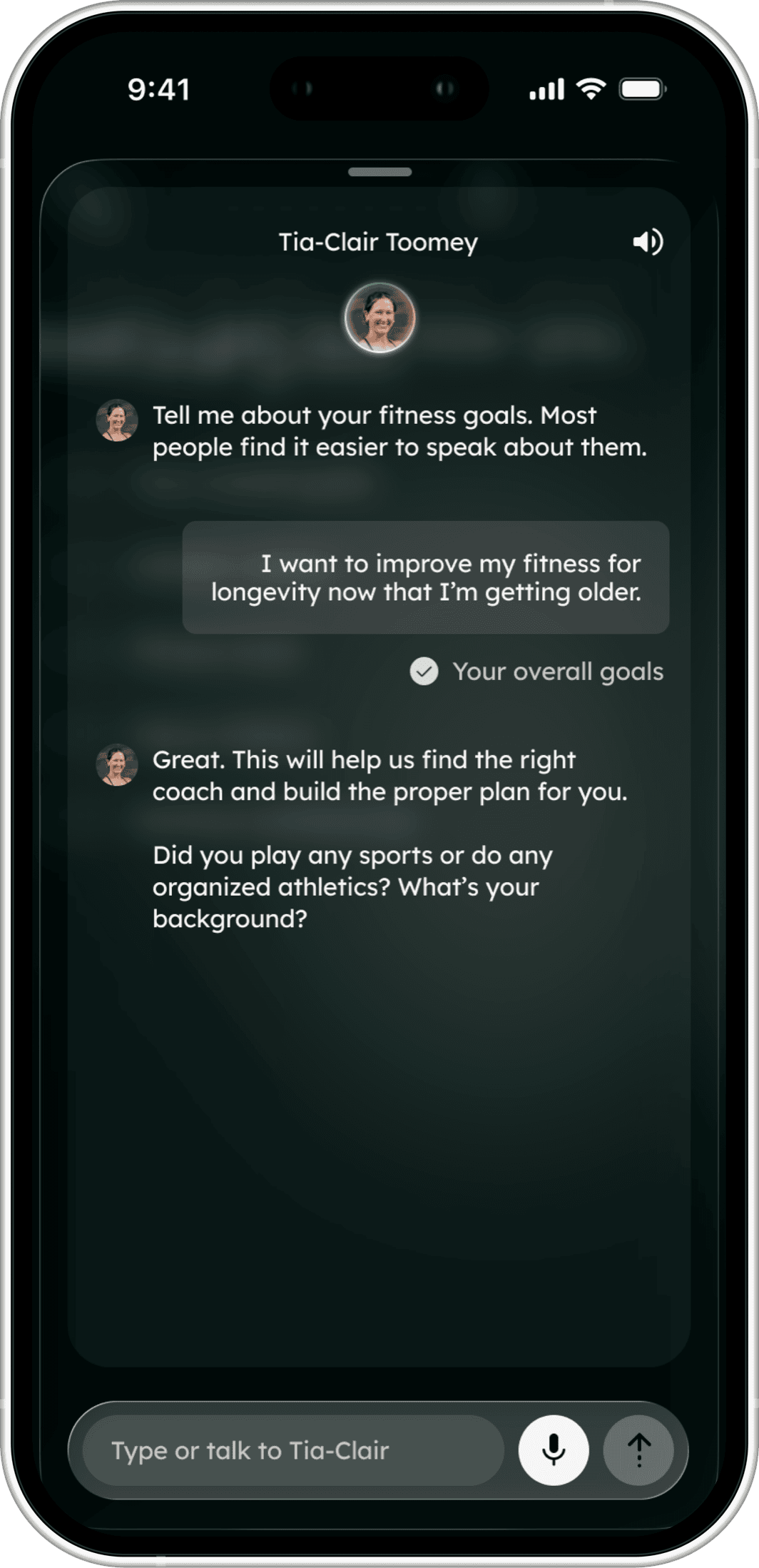 A chat with Tia-Clair Toomey in the Farren app, asking about fitness goals and training background.