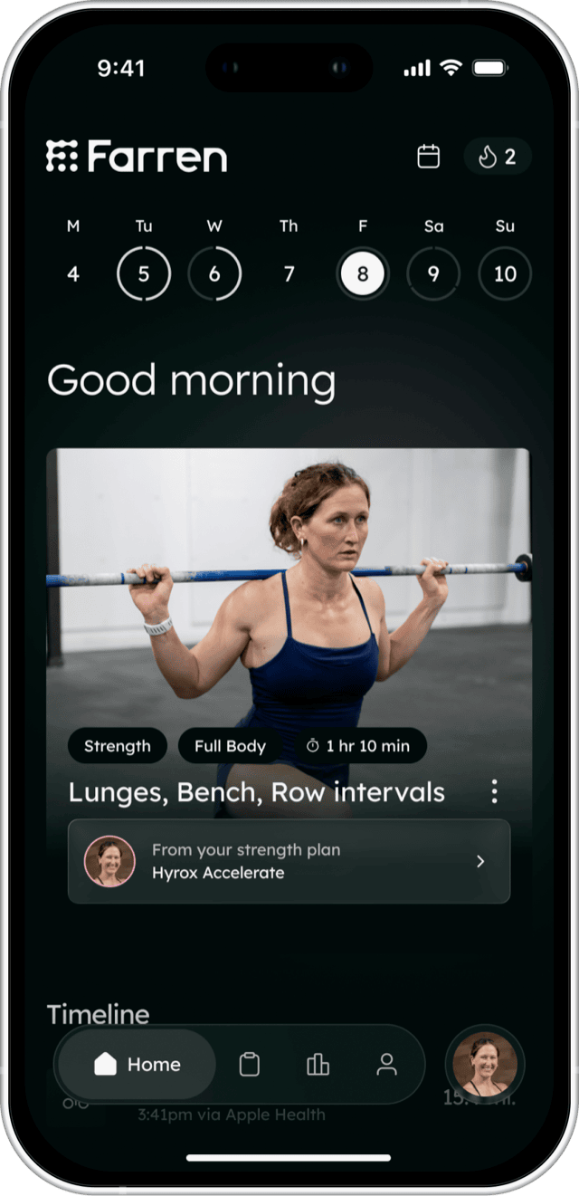 The Farren app home screen with a week of training, a greeting, and today's session from Tia-Clair Toomey's plan.
