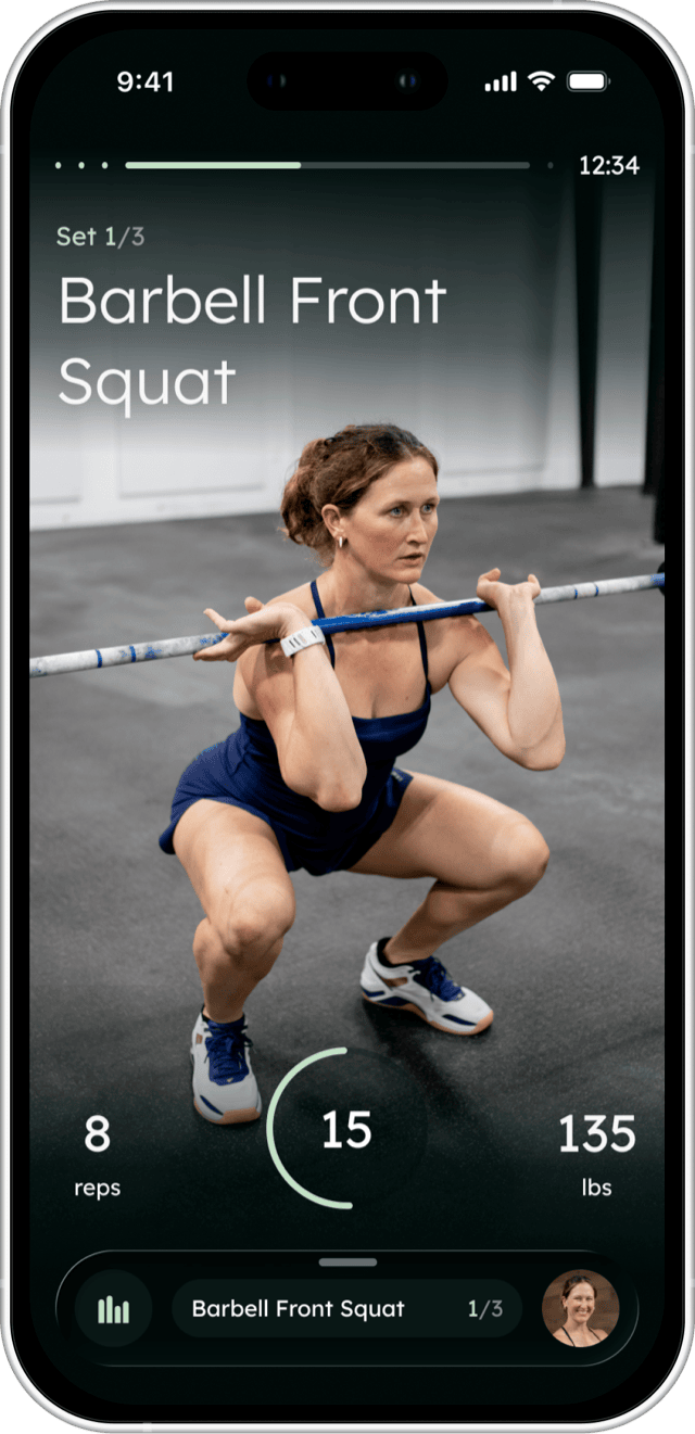 A live Farren session screen from Tia-Clair Toomey's plan, showing the current exercise with reps, weight and a rest timer.